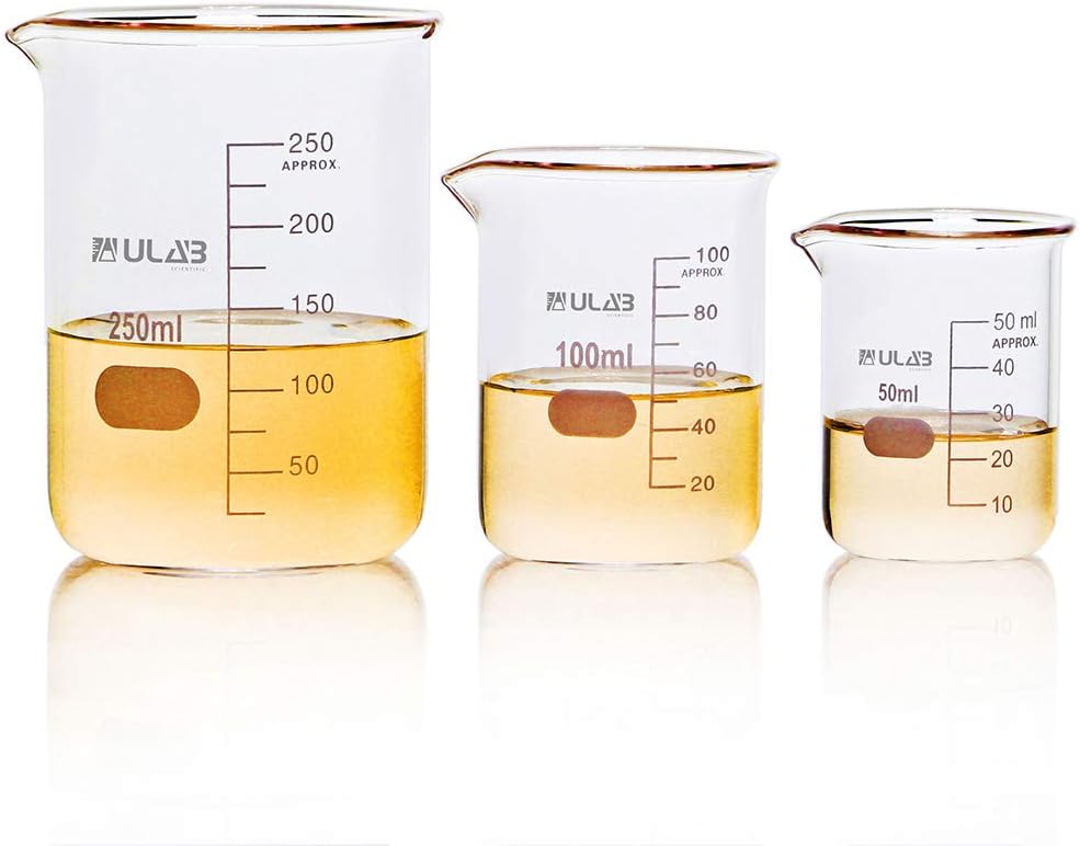 ULAB Scientific Glass Beaker Set, 3 Sizes 50ml 100ml 250ml, 3.3 Boro Griffin Low Form with Printed Graduation, UBG1001