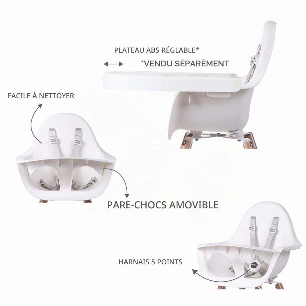 CHILDHOME, Chaise Haute Bébé/Enfant, Evolutive, Dès 6 mois, Réglable en Hauteur, Harnais 5 Points, Nombreux Accessoires, Compatible avec Transat Naissance Evolu, Bois de Hêtre, Evolu 2, Blanc