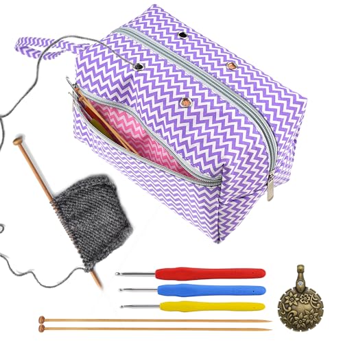 Image of zxbaers Crochet Bag Organizer, Yarn Bag with Thread Cutter, Portable Yarn Storage Organizer Knitting Bag Crochet Accessories, Gifts for Crochet Lovers, Large, Purple,White