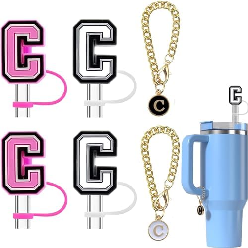 Haundry 4-Pack Straw Cover for Stanley Tumbler, Reusable 10mm Straw Cap Topper with 2 Pcs Initial Letter Charm Accessories for Stanley Cup with Handle, Pink White C