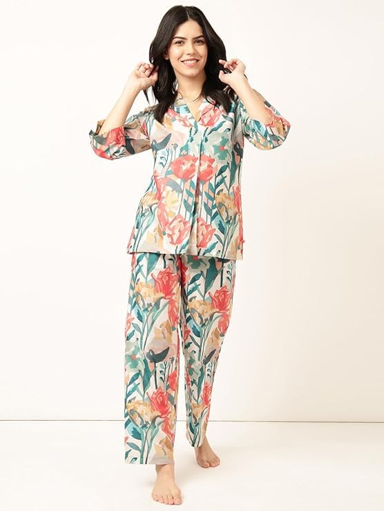 Image of STORIES OF BANNO'S SWAGGER Premium Poly Muslin Floral Co-Ord Set for Women | Soft Pajama Set | Elegant Printed Nightwear Lounge Outfit | Trendy Casual Wear Co-Ord Set