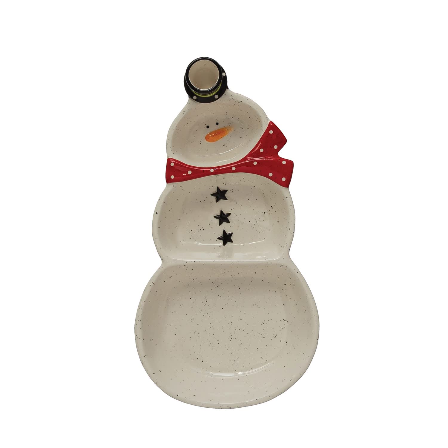 Creative Co-Op Stoneware Snowman Dish with Top Hat Toothpick Holder and 3 Sections, Multicolor