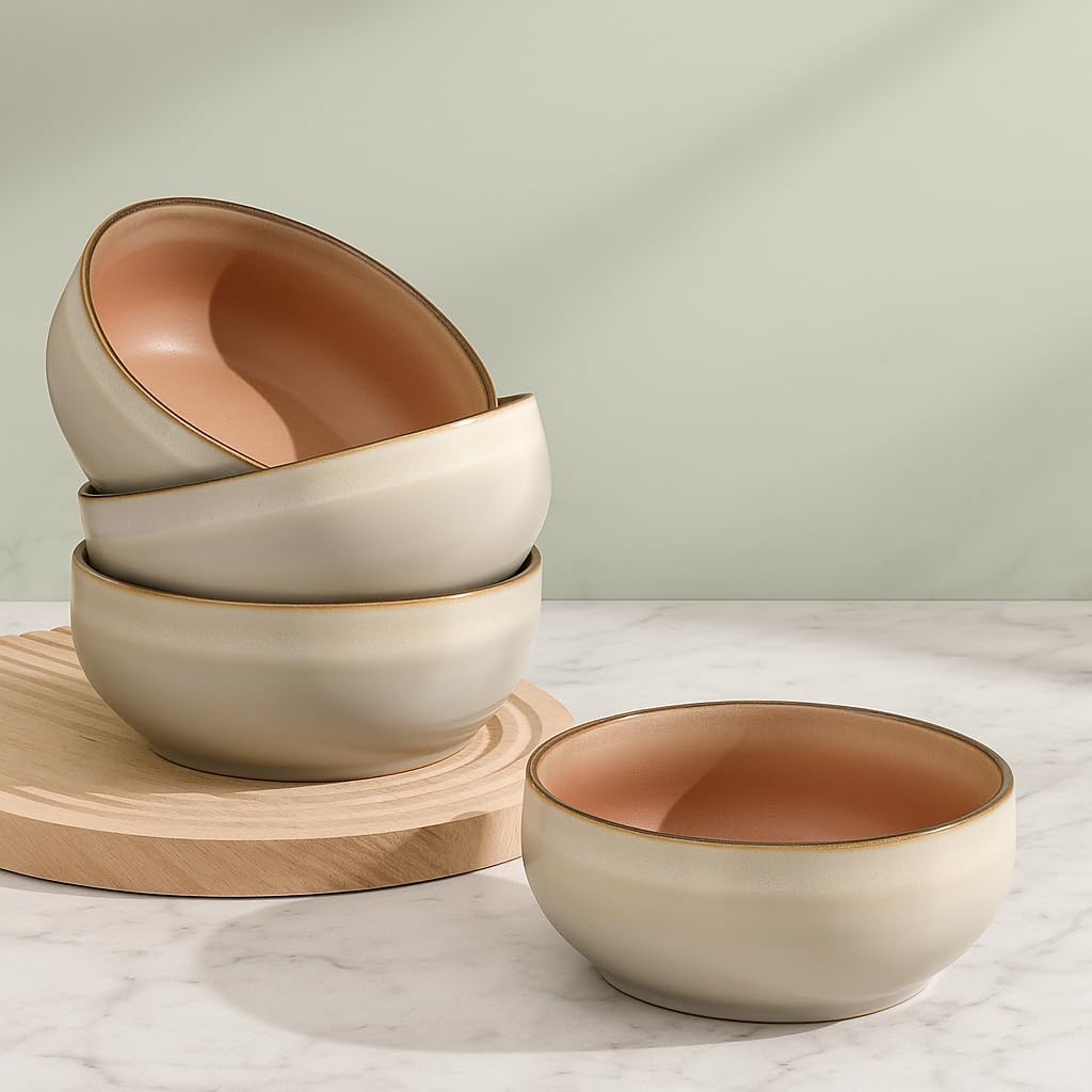 Stoneware Ceramic Cereal Bowls Set of 4, 21 oz | Lead-Free, Cadmium-Free | Microwave and Dishwasher Safe | For Soup, Salad, Rice, Dessert, Ice Cream | Nordic Design | Terracotta/Sage Ash