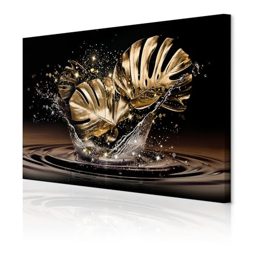 decomonkey - Impression sur Toile Intissé Or Monstera 120x80 1 Pièce - Tableau Décoration Appartement Cadre en Bois Photo Déco Salon Peinture sur Toile...