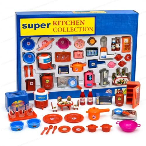 Image of SHAKTISM Super Kitchen 36 Pcs Mini Utensils & Plastic Non-Toxic Indian Kitchen Set for Kids | Stainless Steel Role Play Kitchen Toys with Chakla Belan | Pretend Play Master Chef Kitchen Set