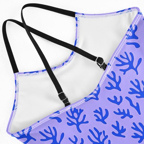 senya Girls Swimsuits One-Piece Swimwear Tie Bathing Suit Beach Summer Round Neck 5-6T Blue Coral on Purple Pattern4