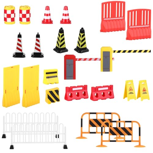 FAYAHAR 24 Stück Wichtel Zubehör Baustelle Mini Verkehrszeichen Set Straßenschilder Spielzeug mit Zäune Warnschilder Mini-Verkehrskegel Straßensperren für Verkehrswissen Lernen