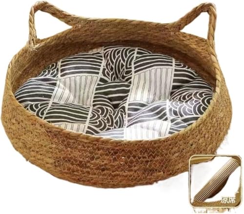 CokBlu 夏用ペットベッドセット|手編み・藤編み 猫ベッド・犬ベッド 涼しく ペットマット|猫磨爪用 可愛いデザイン 天然素材 安全無臭 水洗い可能|四季通用 わら猫砂・藤猫砂 室内用 猫・犬兼用 ペット用品セット?