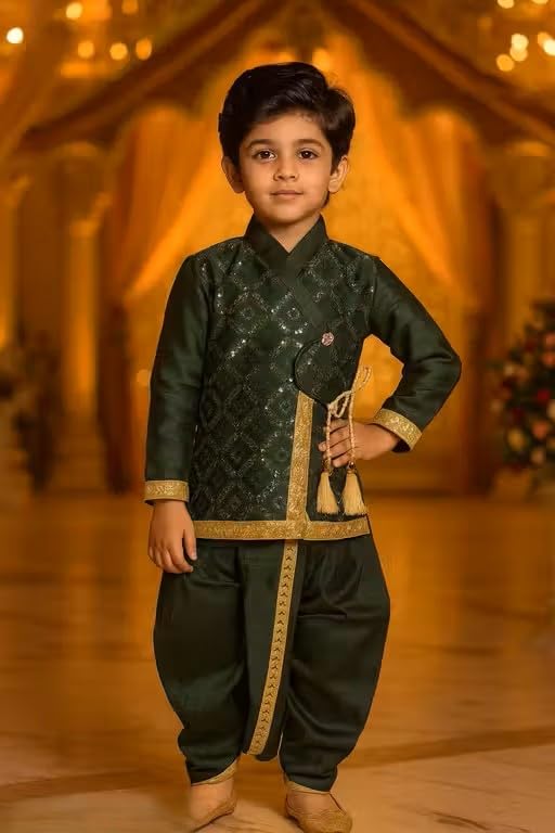 Image of Boys Ethnic wear Cotton Sequined Punjabi set | Stylish and Perfect Indian Outfit for kids-Yellow|Boys ethnic set