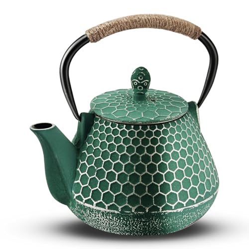 Cast Iron Tea Pot - Honeycomb Pattern Tea Kettle with Tea Leaf Infuser,Stovetop Tea Kettle Coated with Enameled Interior,Suitable for Brewing Loose Leaf Tea (green)