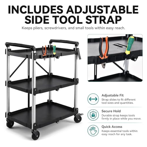 Image of YITAHOME 3-Tier Large Folding Utility Cart w /Wheels(2 Brakes), 300lbs | Foldable Service Cart Collapsible Rolling Cart w / 360 Swivel Wheels, Portable Cart w /Tool Side Mount Strap for Garage Office