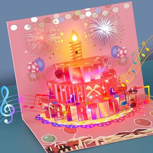 GQDIN Fireworks Birthday Cards, 3D Pop Up Blowable Cake Greeting Cards With Lights Music, Happy Birthday Gifts For Women Men Kids Mom Dad Grandma - View #7