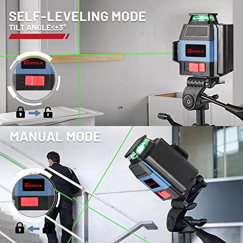 Enhulk Laser Level Self Leveling 3x360° 12 Lines 3D Green Beam Cross Line for Construction Picture Hanging, with 2 Li-ion Batteries, Remote Controller, Magnetic Rotating Stand and Carry Bag(13 Packs)