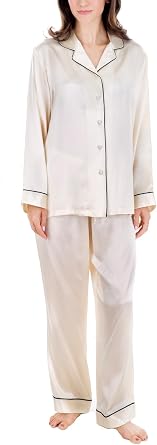 OSCAR ROSSA Womens Mulberry Silk Sleepwear 100% Silk Pajamas Set with Contrast Piping and Drawstring