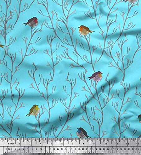 Soimoi Rayon Crepe Blue Fabric - by The Yard - 46 Inch Wide - Branch & Flycatcher Bird Fabric - Nature-Inspired Branches with Elegant Birds Printed Fabric