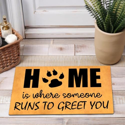 Image of MELODADDY Funny Welcome Doormat Front Door Decor Rugs with Rubber Back 30"(L) x 18"(W) Personalized Matt Outside Entrance (Home is Where Someone Runs to Greet You Dog Lover)