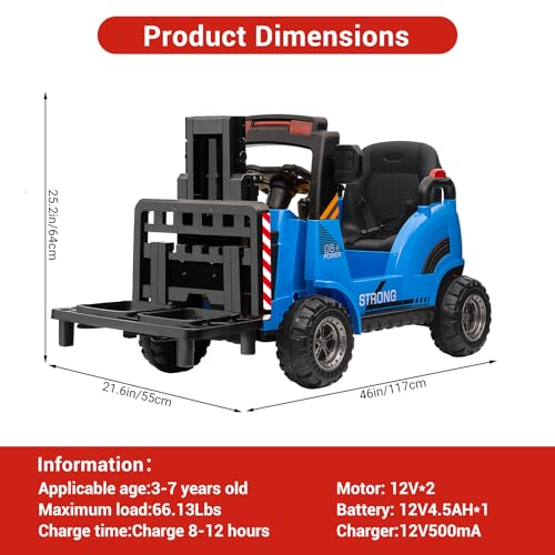 12V Kids Ride On Forklift Car, Electric Ride On Construction Car Toy for Toddles With Remote Control, Liftable Fork and Pallet, Low-Power Alarm, 2 Speeds, Music, Blue