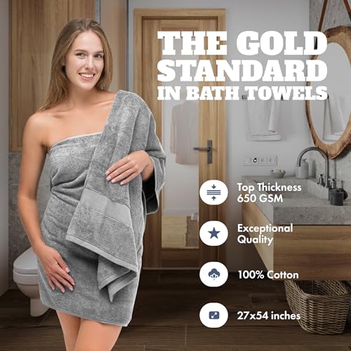 Image of White Classic Light Gray Bath Towels 27x54 Inch, Cotton Towel Set for Bathroom, Hotel, Gym, Spa, Soft Extra Absorbent Quick Dry 4 Pack