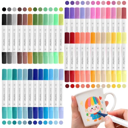 48 Piezas Rotuladores Acrilicos, 48 Colores Doble Punta Marcadores Acrílicos con Punta Fina y Pincel, Acrylic Paint Marker Permanentes para Piedras, Madera, Huevos de Pascua, Vidrio, Cerámica, Tela