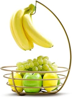 Fruit Bowl With Banana Hanger Fruit Basket For Kitchen Counter With Stand(Gold)
