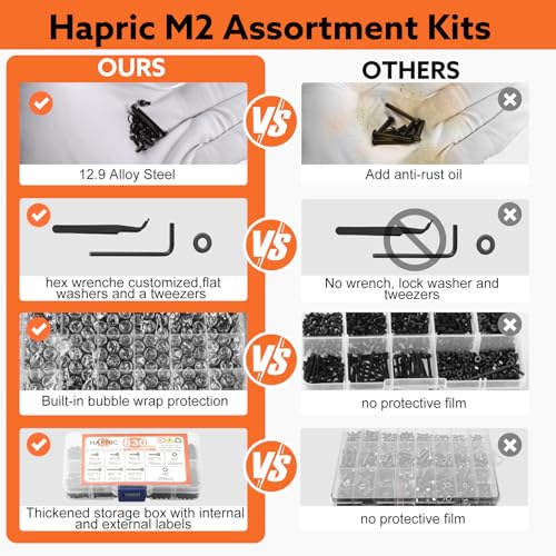 Hapric 9744 830 Pcs M2 Screws Kit M2 Screw Assortment M2*4Mm/6Mm/8Mm/10Mm/12Mm/16Mm/20Mm Machine Screw Kit, 12.9 Alloy Steel Black Zinc Plated Hex Socket Head Screws Nuts Bolts And Washers Set thumb #4