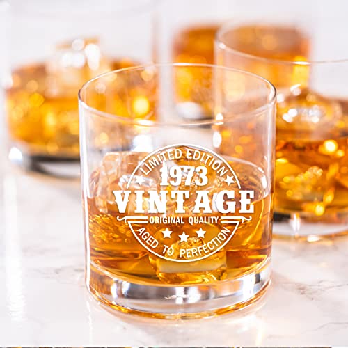 50Th Birthday Gifts Men Women - Vintage 1973 Old Time Information - 50Th Birthday Aged To Perfection - 50 Year Old Birthday Gifts - Turning 50 Birthday Decorations For Him Her - 11 Oz Whiskey Glass #TOP2
