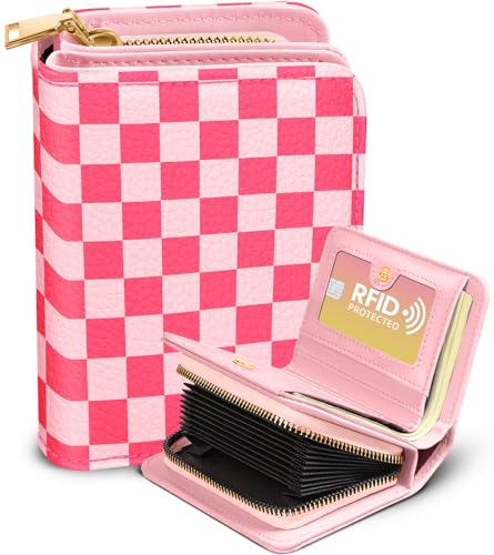 Bistup Credit Card Holder Wallet for Women - Cute Leather Ladies Teen Girls Female Cardholder Wallets Accordion Purse Small Medium Aesthetic Print Plaid Unique Modern Rfid Zipper Around