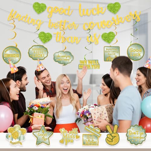 Image of Pre-Strung Good Luck Finding Better Coworkers Than Us Banner, Green Gold Glitter Going Away Party We Will Miss You Decorations, Great for Goodbye Farewell Job Change Party