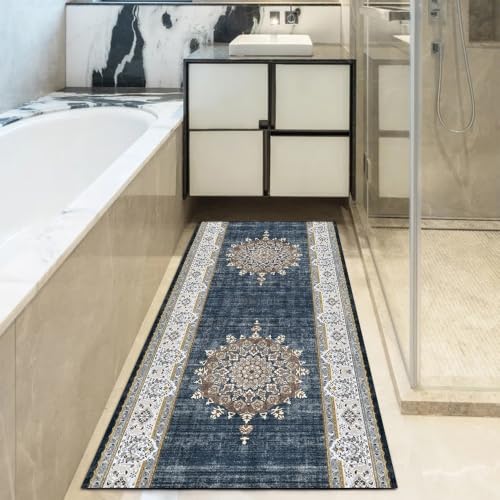 Alfombra de pasillo gris azul de 90x200 cm lavable y de diseño vintage 5