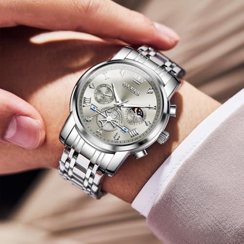 Image of OLEVS Men Watches Stainless Steel Chronograph Watch, Large Wrist Analog Quartz Watch, Fashion Waterproof Diamond Roman Numerals Dress Watches for Men, Gold /Black /White /Blue /Grey Dial
