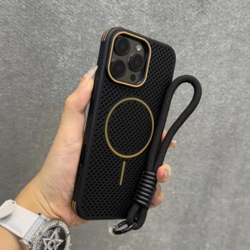 Étui magnétique iPhone 12ProMax en maille noire ventilée et cordon amovible