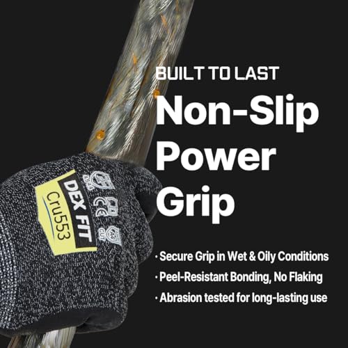Image of DEX FIT Level 5 Cut Resistant Gloves Cru553, 3D Comfort Stretch Fit, Power Grip, Durable Foam Nitrile, Smart Touch, Machine Washable, Thin & Lightweight, Black Grey 9 (L) 3 Pairs