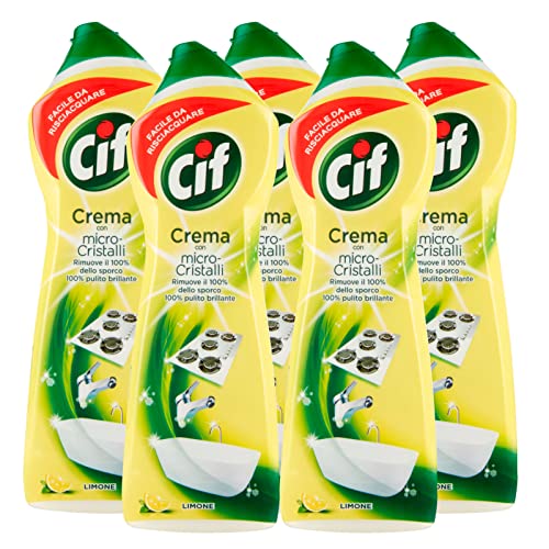 Cif - Limpiador en crema multisuperficie con microcristales al perfume de limón, 100% limpio brillante, 5 botes de 750 ml