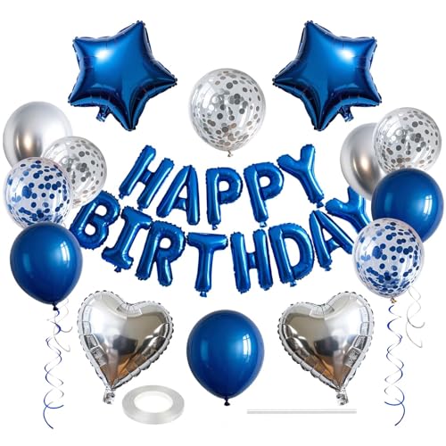 زينة بالونات عيد ميلاد، لافتة فويل ثلاثية الأبعاد Happy Birthday، طقم بالونات فويل على شكل نجمة خماسية وقلب مع بالونات قصاصات ورق، لأعياد الميلاد للأولاد والبنات من ويكا، لون أزرق فضي (27 قطعة)
