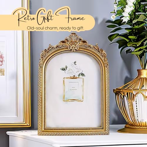 Image of Ekhasa Nostrae Golden Vintage Resin Photo Frame with Glass | 4.7 x 3.5 Inch Baroque Style Ornate Tabletop Picture Frame | Elegant Antique Decorative Frame for Desk, Bedroom & Gift Decor