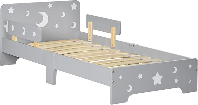 ZONEKIZ Kids Toddler Bed Children's Bedroom Furniture w/Star and Moon Patterns, Side Rails, for Boys, Girls, Ages 3-6 Years, 143 x 76 x 49cm - Grey