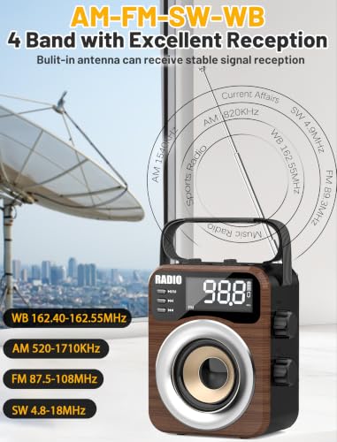 Image of Portable AM /FM /WB /SW Radio, 4000mAh Rechargeable & 3xD Cell Battery Powered | Bluetooth Digital Radios 10W Speaker,TF /USB Playback,LCD Display Weather Alert For Home Outdoor Emergency Brown