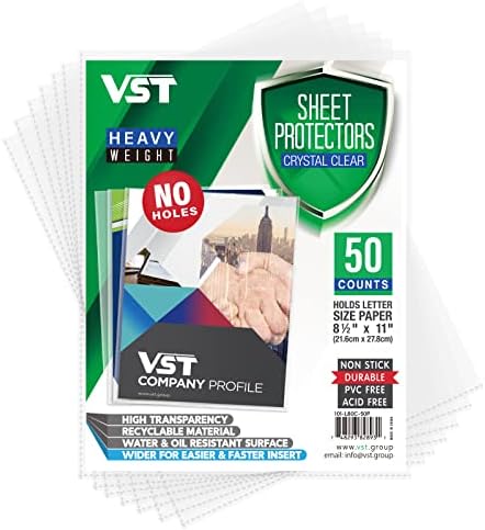 VST Sheet Protectors No Holes 8.5 x 11 Inches Crystal Clear Page Protectors Heavyweight Plastic Sleeves, Page Sleeves, Top Loading Paper Protector Acid Free, Letter Size, Dry Erase Pocket