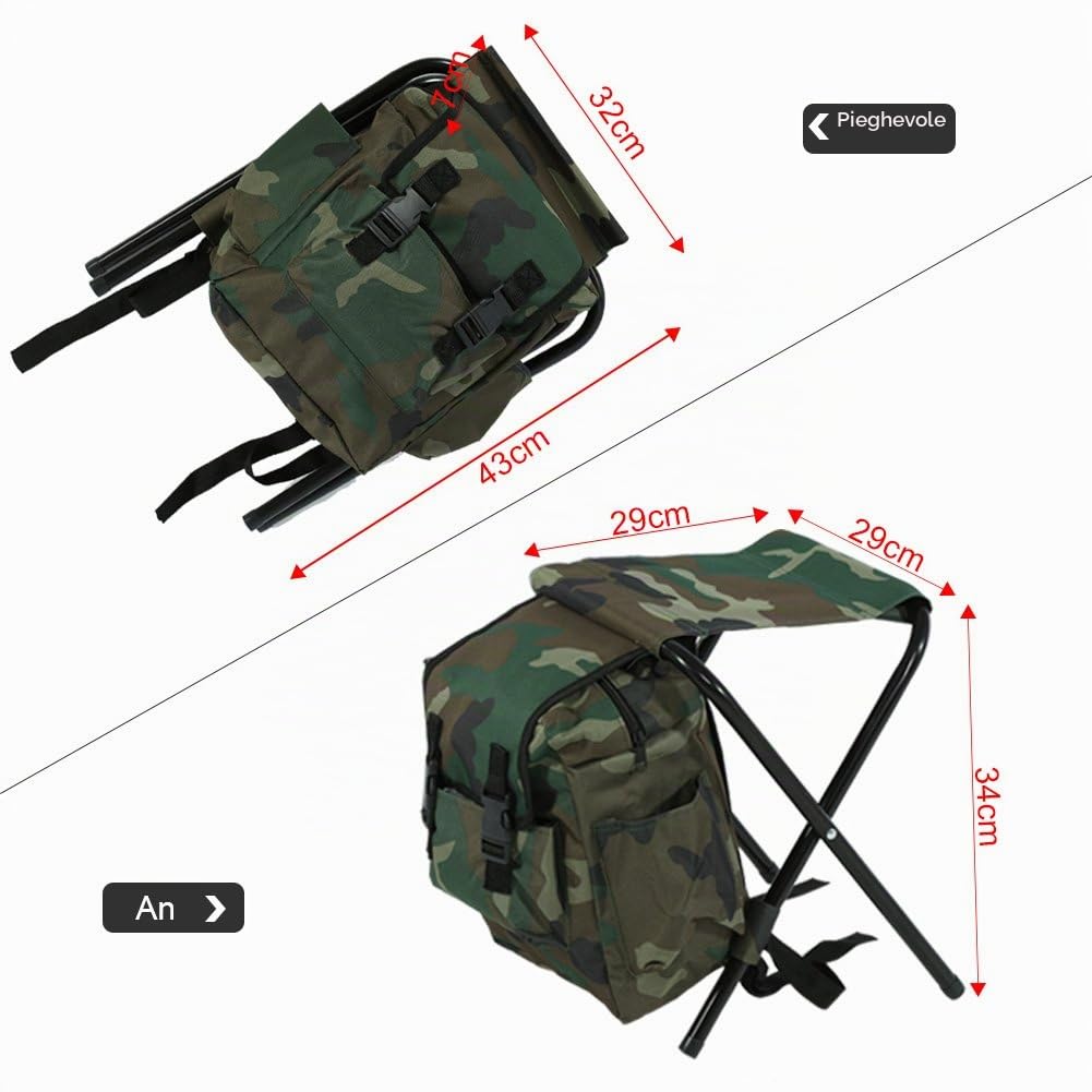 Zaino con Sedia, Portatile all'aperto, Sedia da Pesca, Sgabello Pieghevole con Borsa per Pesca, Campeggio, Viaggi, Spiaggia, Barbecue