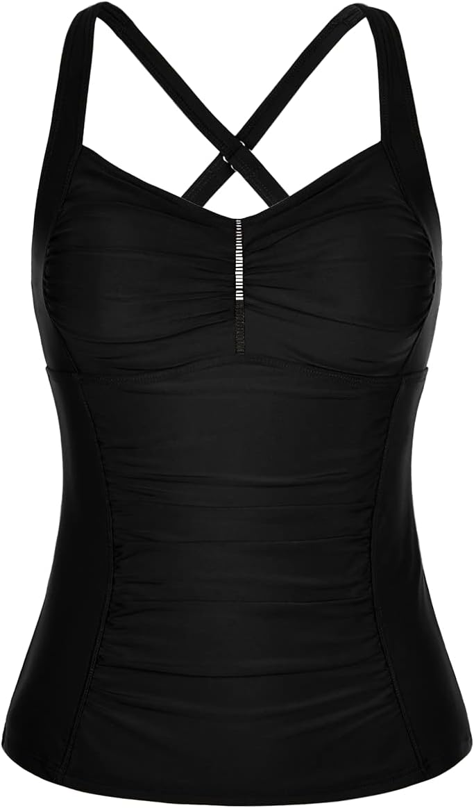 Hilor Women's Tankini Tops Shirred Tummy Control Swimsuits Cross Back Tankini Swimwear Tops