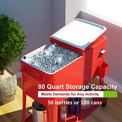Giantex Rolling Cooler Cart, 80Qt Outdoor Cooler With Locking Wheels, Storage Shelf, Bottle Opener, Drain Plug, Patio Beverage Bar Cooler Trolley Ice Chest For Party Cookouts Bbq (Red) #TOP2