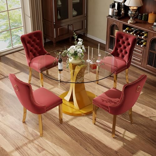 Image of 5-Piece Dining Table Set with 39In Tempered Glass Table and 4 Velvet Upholstered Chairs, Modern Scandinavian Furniture for Dining Room Kitchen(Burgundy&Gold)