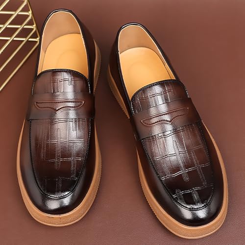 Men's Leather Printed Penny Loafers Classic Luxury Round Toe Leather Shoe Business Slip-on Lug Sole Dress Shoes for Formal Wedding Work4