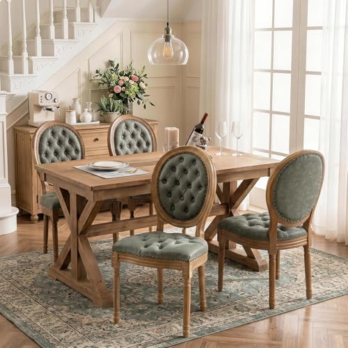 SoarFlash French Dining Chairs Set of 4, Vantage Dining Chair with Round Back, Wood Leg Farmhouse Country Rattan Dining Chair for Kitchen,Bedroom,Sage Green