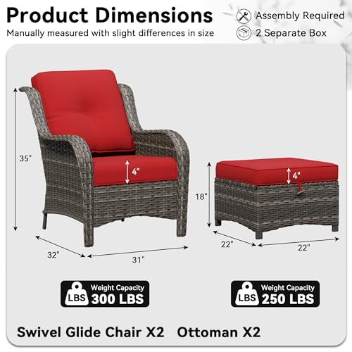 Image of 4 Piece Outdoor Wicker Patio Furniture Set, Patio Chairs Set with Thickened Olefin Cushions, High Back and Deep Seating, Hand-Woven PE Rattan, Ottoman for Porch, Deck, Red