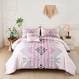 ANGIYUIN 6Pcs Boho Pink Purple Full Size Comforter Set, Modern Geometric Lightweight Microfiber Bedd