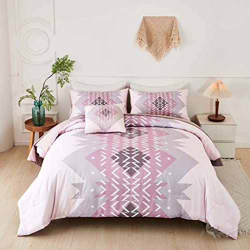Angiyuin 6Pcs Boho Pink Purple Full Size Comforter Set, Modern Geometric Lightweight Microfiber Bedding Set, Western Blankets Tribal Bed In A Bag With Sheets For All Season (Full, Pink Purple) #TOP5