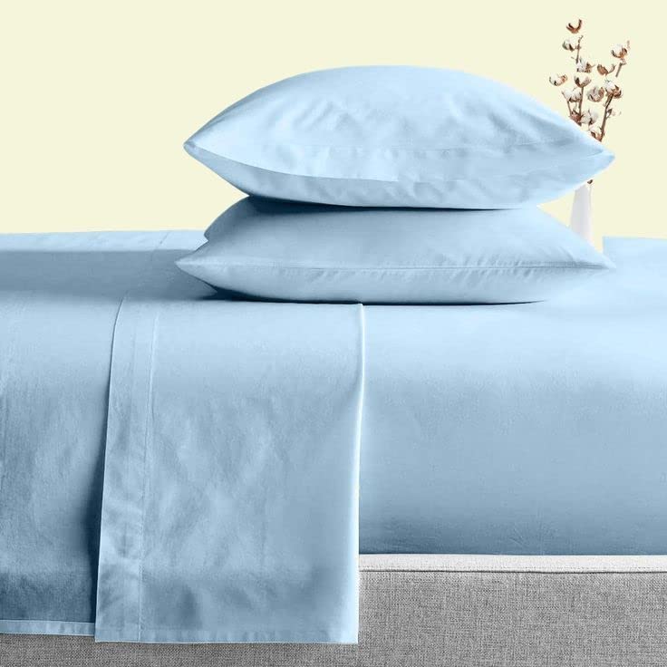 Image of Flat Bed Sheet with 2 Pillow Covers 600 Thread Count 100% Egyptian Cotton Bedsheet Double Size Light Blue Comfortable & Durable Sheet
