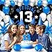 PHXEY 13th Birthday Decoration Set for Boys Girls, Official Teenager 13 Birthday Party Banner Backdrop, Large 13 Foil Balloons, Explosion Star Balloons, 13th Birthday Photo Props Decor, Blue Silver