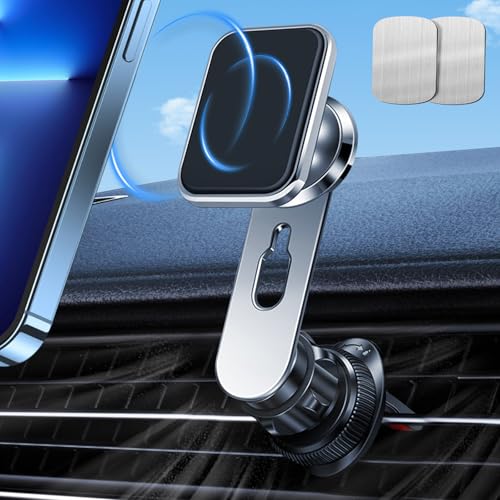 Jessonly Magnetic Car Phone Holder, Air Vent Phone Holder for Cars with Upgraded Hook [Less Blocking Vent] 360° Rotation Adjustable Car Mount Compatible with All iPhone 12-17, Silver